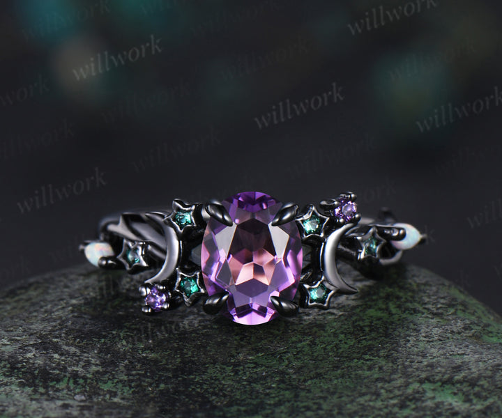 Unique celestial moon & star amethyst ring mystical oval cut amethyst emerald cluster black gold gothic ring marquise opal wedding ring