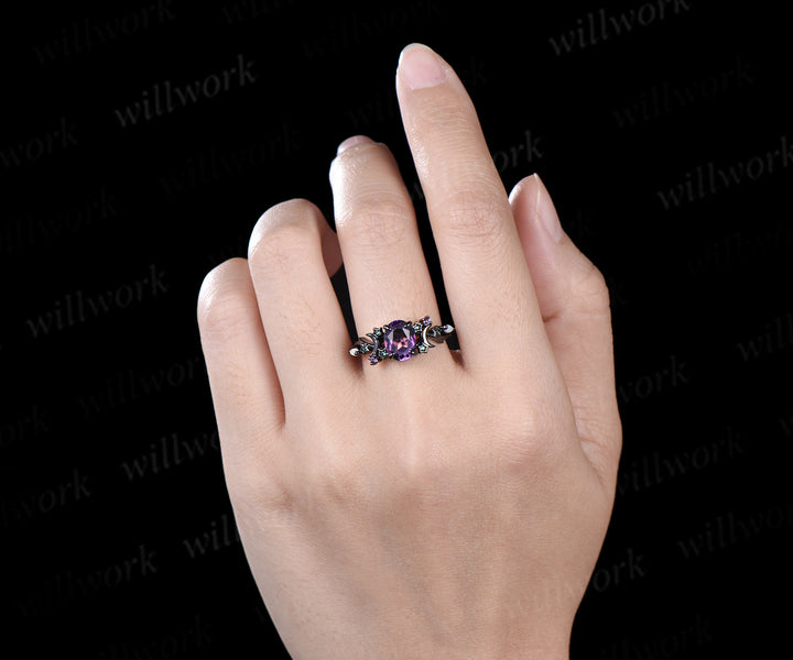 Unique celestial moon & star amethyst ring mystical oval cut amethyst emerald cluster black gold gothic ring marquise opal wedding ring