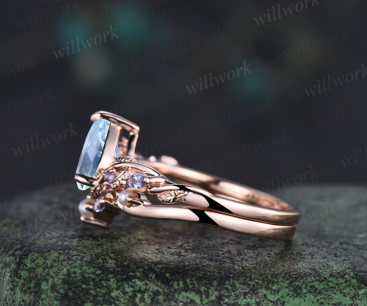Pear cut aquamarine ring set twig leaf vine tanzanite ring curved pearl band solid 14k rose gold bridal set March birthstone Gifts