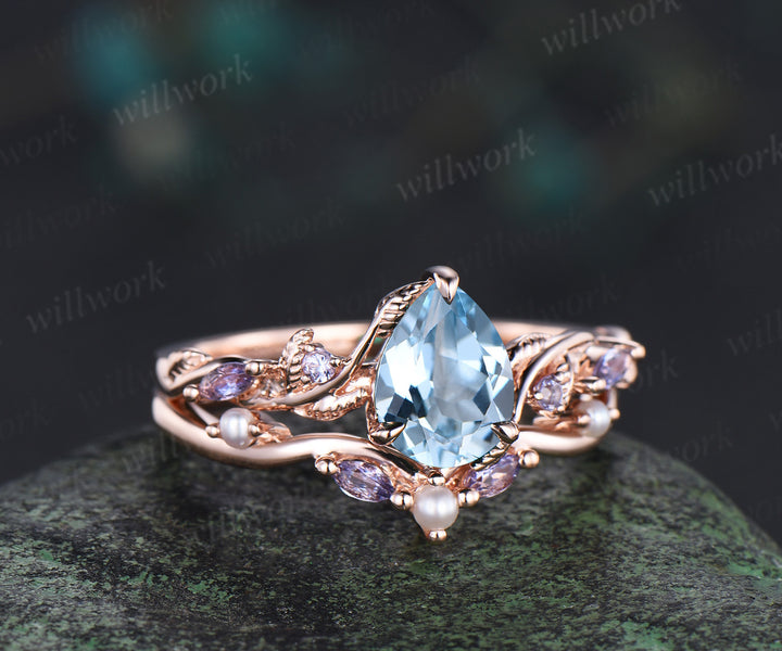 Pear cut aquamarine ring set twig leaf vine tanzanite ring curved pearl band solid 14k rose gold bridal set March birthstone Gifts