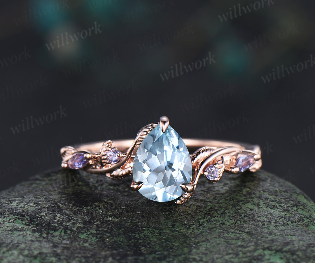 Pear cut aquamarine ring set twig leaf vine tanzanite ring curved pearl band solid 14k rose gold bridal set March birthstone Gifts