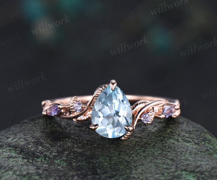 Pear cut aquamarine ring set twig leaf vine tanzanite ring curved pearl band solid 14k rose gold bridal set March birthstone Gifts