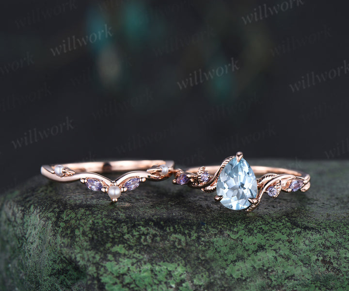 Pear cut aquamarine ring set twig leaf vine tanzanite ring curved pearl band solid 14k rose gold bridal set March birthstone Gifts