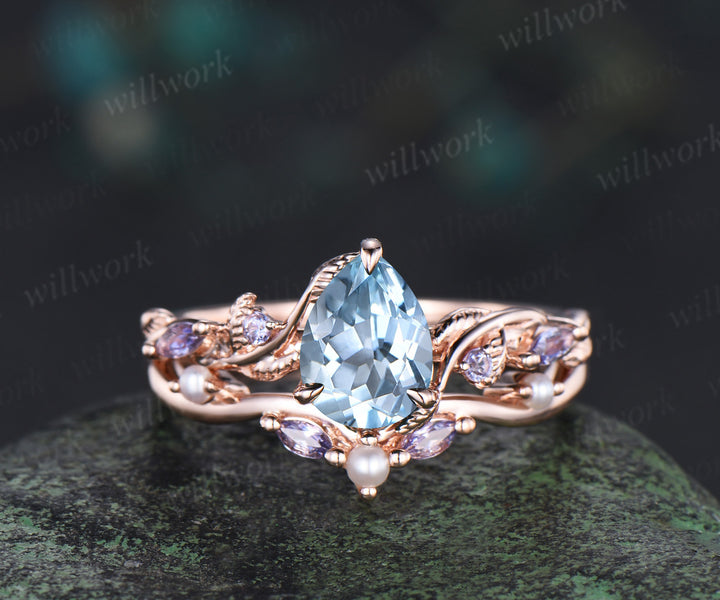 Pear cut aquamarine ring set twig leaf vine tanzanite ring curved pearl band solid 14k rose gold bridal set March birthstone Gifts