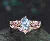 Pear cut aquamarine ring set twig leaf vine tanzanite ring curved pearl band solid 14k rose gold bridal set March birthstone Gifts
