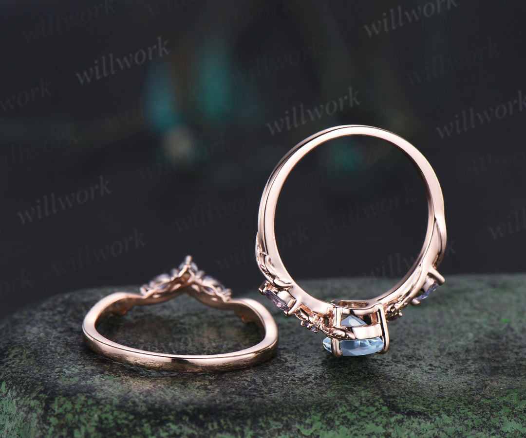 Pear cut aquamarine ring set twig leaf vine tanzanite ring curved pearl band solid 14k rose gold bridal set March birthstone Gifts
