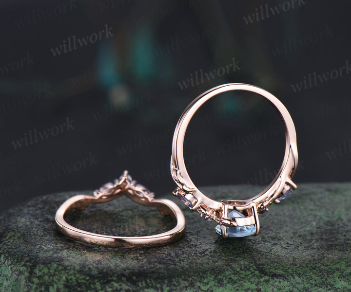 Pear cut aquamarine ring set twig leaf vine tanzanite ring curved pearl band solid 14k rose gold bridal set March birthstone Gifts