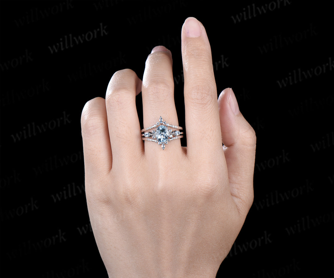 Oval cut aquamarine engagement ring set 14k white gold marquise aquamarine promise ring double layered enhancer band wrap bridal set