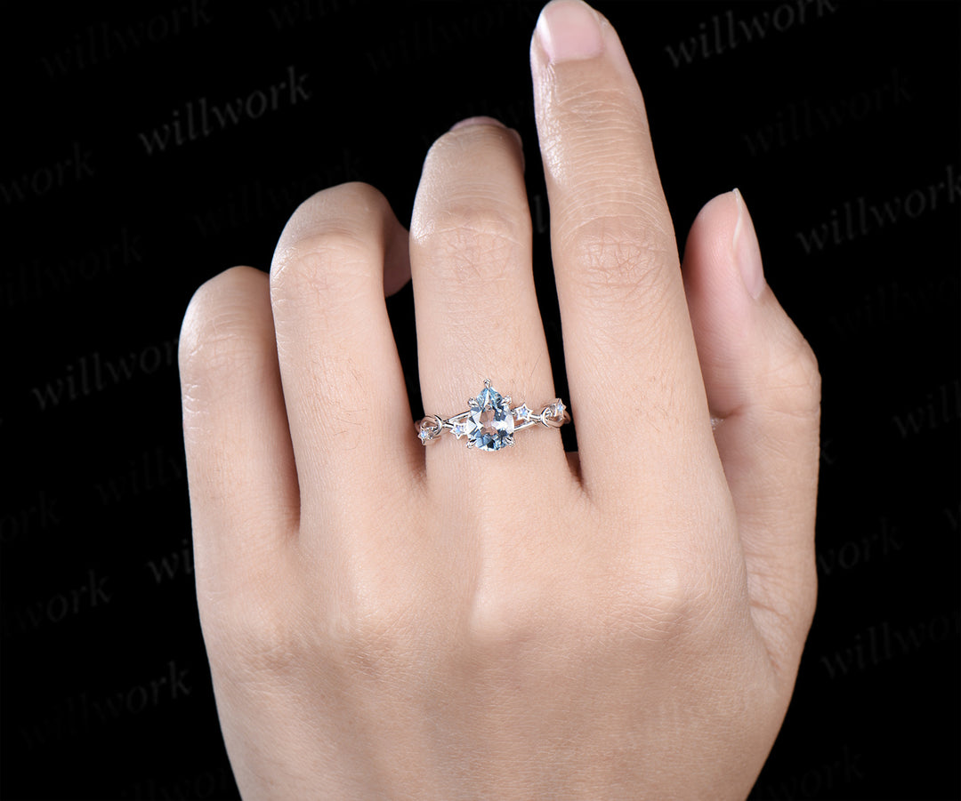 Unique pear aquamarine engagement ring moon & star infinity moonstone ring with leaf prongs celestial white gold bridal jewelry