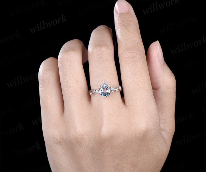 Unique pear aquamarine engagement ring moon & star infinity moonstone ring with leaf prongs celestial white gold bridal jewelry