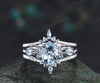 Oval cut aquamarine engagement ring set 14k white gold marquise aquamarine promise ring double layered enhancer band wrap bridal set