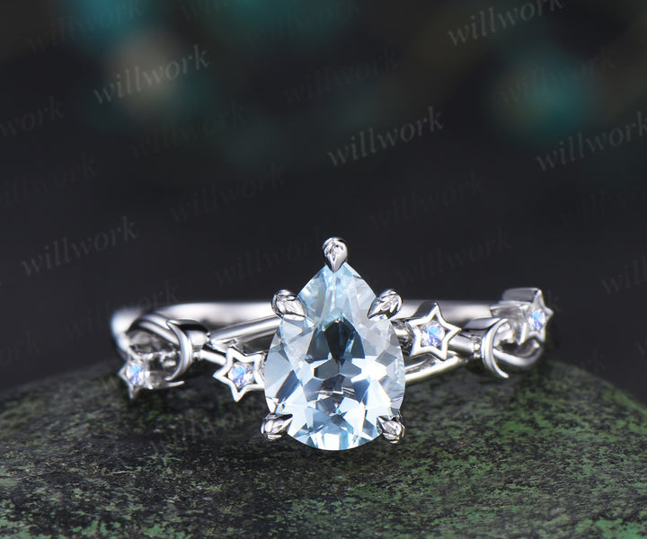 Unique pear aquamarine engagement ring moon & star infinity moonstone ring with leaf prongs celestial white gold bridal jewelry