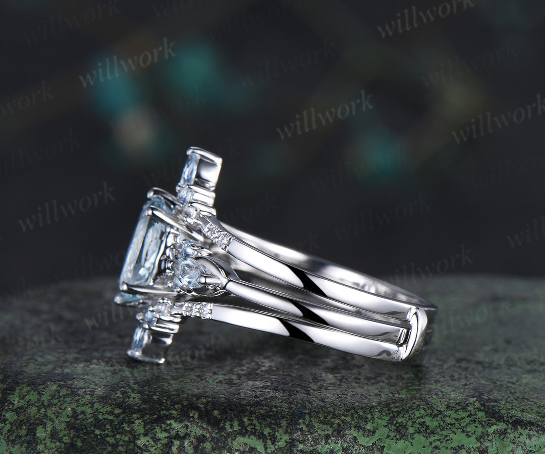 Oval cut aquamarine engagement ring set 14k white gold marquise aquamarine promise ring double layered enhancer band wrap bridal set