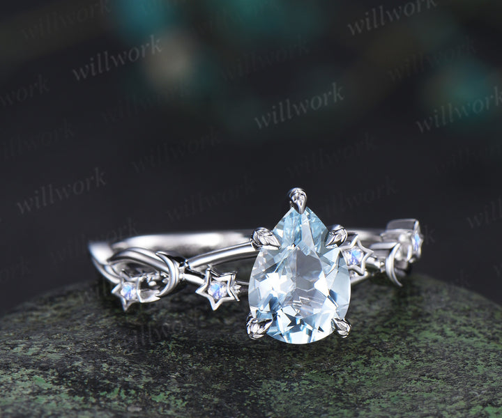 Unique pear aquamarine engagement ring moon & star infinity moonstone ring with leaf prongs celestial white gold bridal jewelry