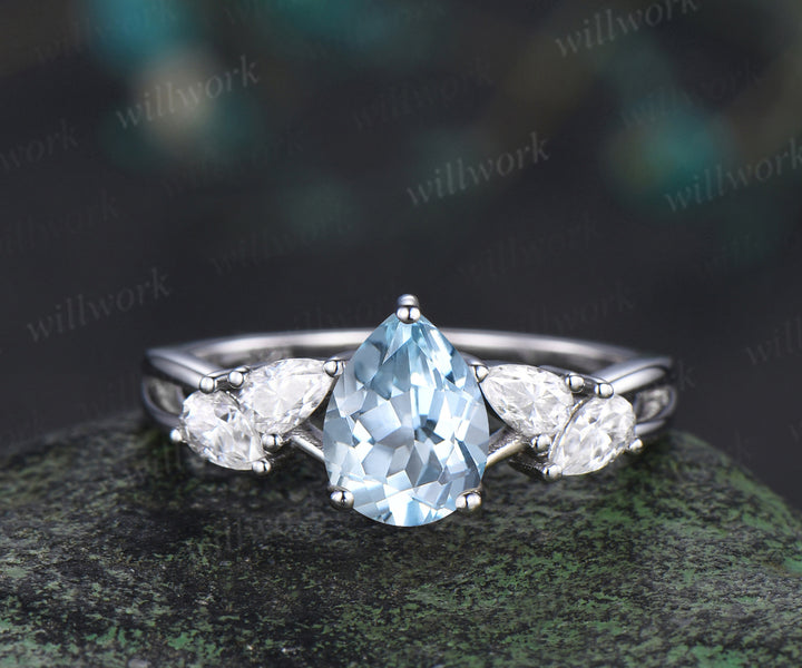 Vintage pear cut natural aquamarine ring pear moissanite split shank engagement ring unique bridal ring gifts for women