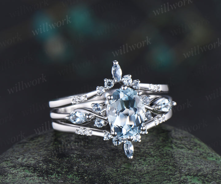 Oval cut aquamarine engagement ring set 14k white gold marquise aquamarine promise ring double layered enhancer band wrap bridal set