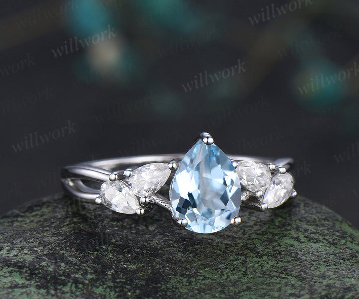 Vintage pear cut natural aquamarine ring pear moissanite split shank engagement ring unique bridal ring gifts for women