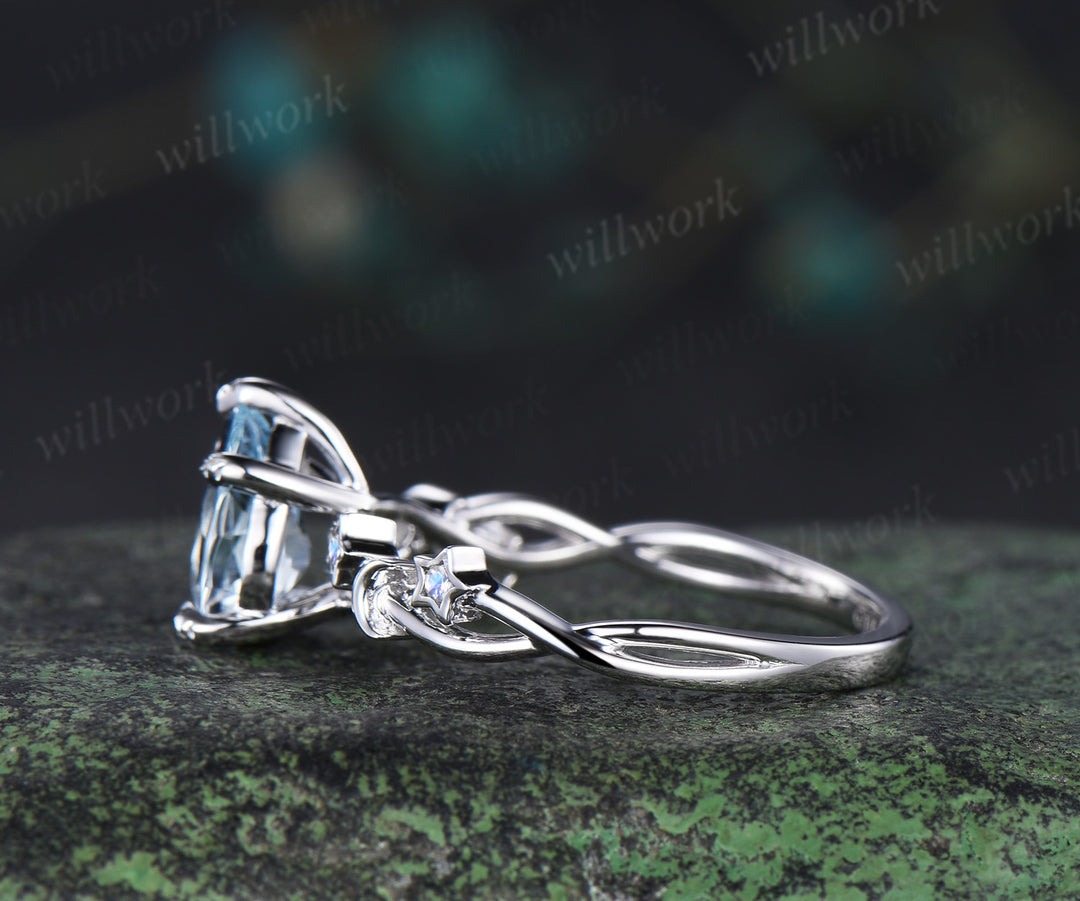Unique pear aquamarine engagement ring moon & star infinity moonstone ring with leaf prongs celestial white gold bridal jewelry