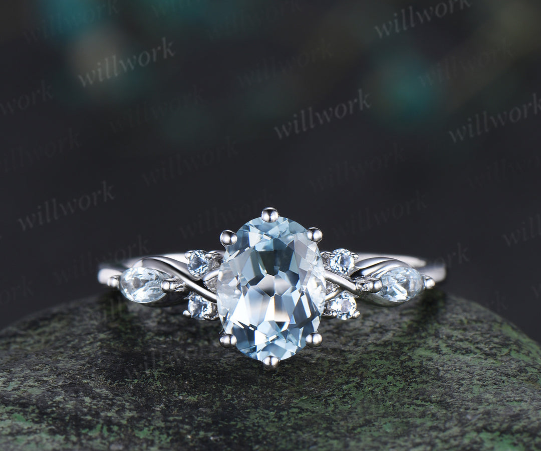 Oval cut aquamarine engagement ring set 14k white gold marquise aquamarine promise ring double layered enhancer band wrap bridal set