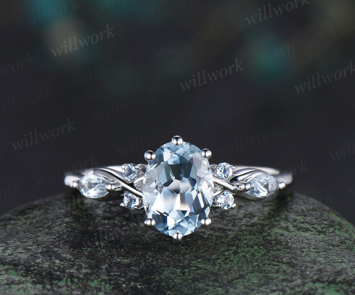 Oval cut aquamarine engagement ring set 14k white gold marquise aquamarine promise ring double layered enhancer band wrap bridal set