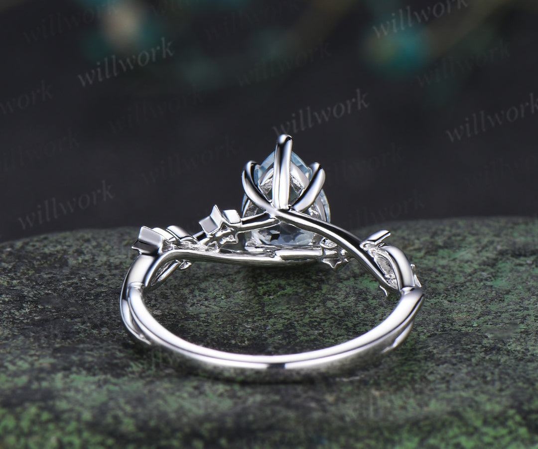Unique pear aquamarine engagement ring moon & star infinity moonstone ring with leaf prongs celestial white gold bridal jewelry