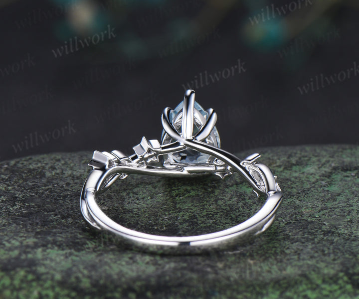 Unique pear aquamarine engagement ring moon & star infinity moonstone ring with leaf prongs celestial white gold bridal jewelry