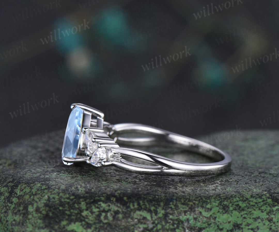 Vintage pear cut natural aquamarine ring pear moissanite split shank engagement ring unique bridal ring gifts for women