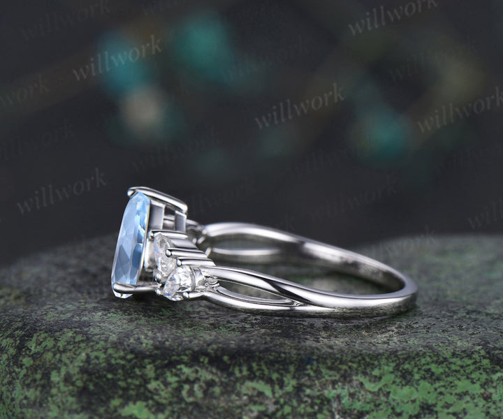 Vintage pear cut natural aquamarine ring pear moissanite split shank engagement ring unique bridal ring gifts for women