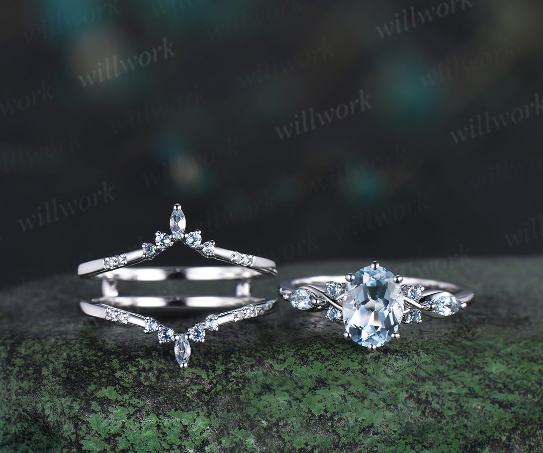 Oval cut aquamarine engagement ring set 14k white gold marquise aquamarine promise ring double layered enhancer band wrap bridal set