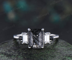 Emerald cut black rutilated quartz engagement ring baguette moissanite black spinel five stone ring wedding anniversary gifts