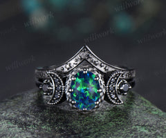Gothic black gold oval black opal moon stars engagement ring set crescent black spinel milgrain ring curved engraved stars wedding band