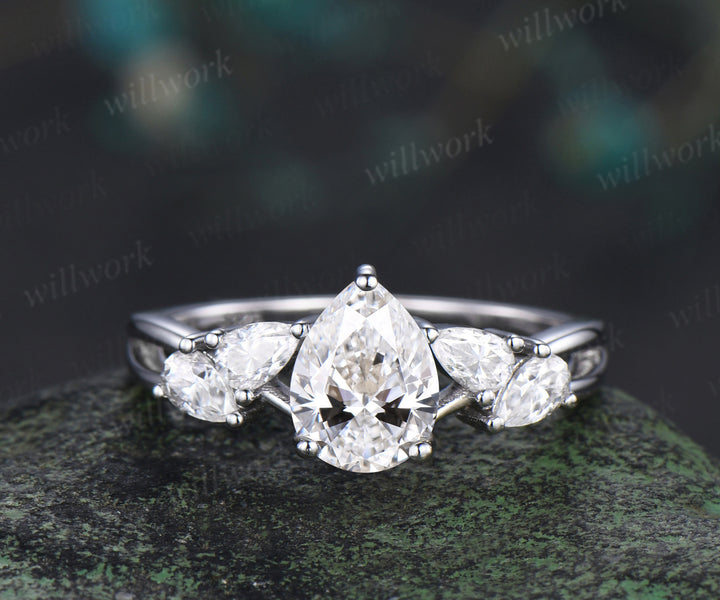 Pear cut IGI Lab grown diamond engagement ring vintage pear diamond cluster split shank ring bridal gifts promise ring for her