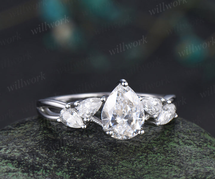 Pear cut IGI Lab grown diamond engagement ring vintage pear diamond cluster split shank ring bridal gifts promise ring for her
