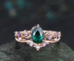Nature inspired pear cut emerald ring set twig leaf vine tanzanite ring curved pearl band solid 14k rose gold bridal set