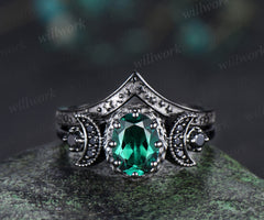 Gothic oval emerald ring set black gold crescent moon engagement ring curved starry stackable band May birthstone promise ring