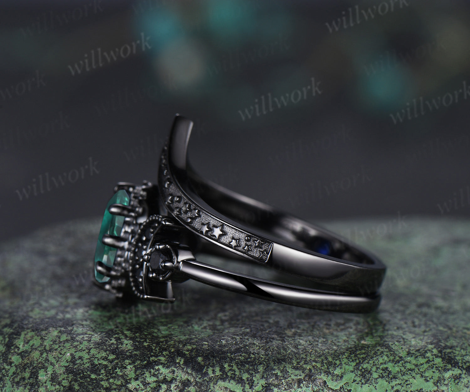 Gothic oval emerald ring set black gold crescent moon engagement