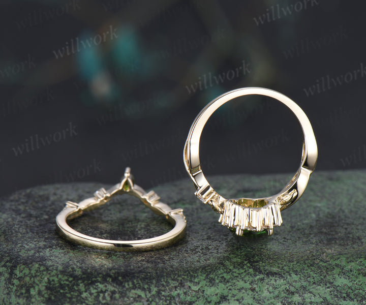 Pear shaped natural green tourmaline engagemet ring set art deco diamond leaf twig split shank ring yellow gold band unique bridal set