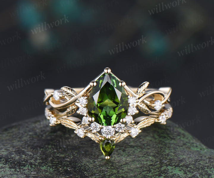 Pear shaped natural green tourmaline engagemet ring set art deco diamond leaf twig split shank ring yellow gold band unique bridal set