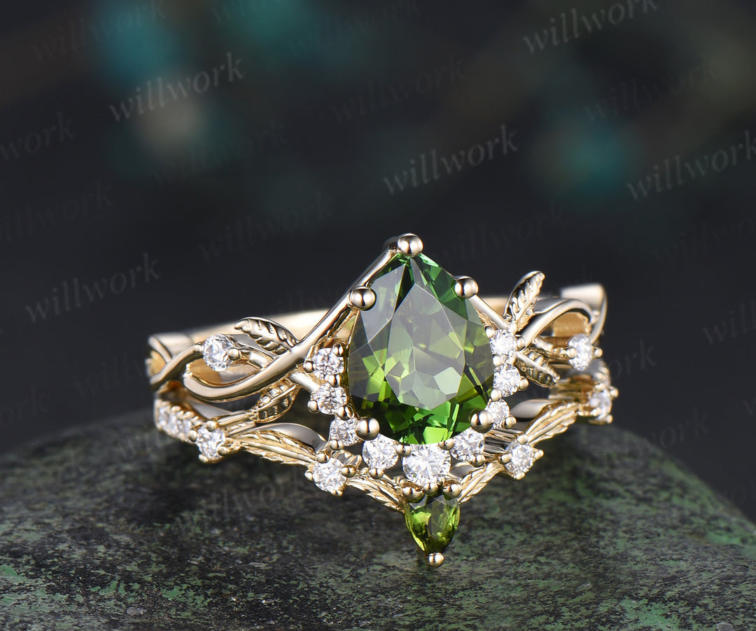 Pear shaped natural green tourmaline engagemet ring set art deco diamond leaf twig split shank ring yellow gold band unique bridal set