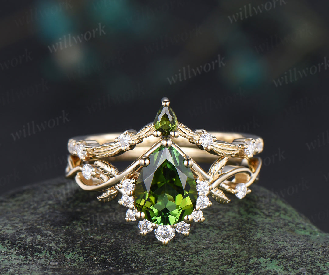 Pear shaped natural green tourmaline engagemet ring set art deco diamond leaf twig split shank ring yellow gold band unique bridal set