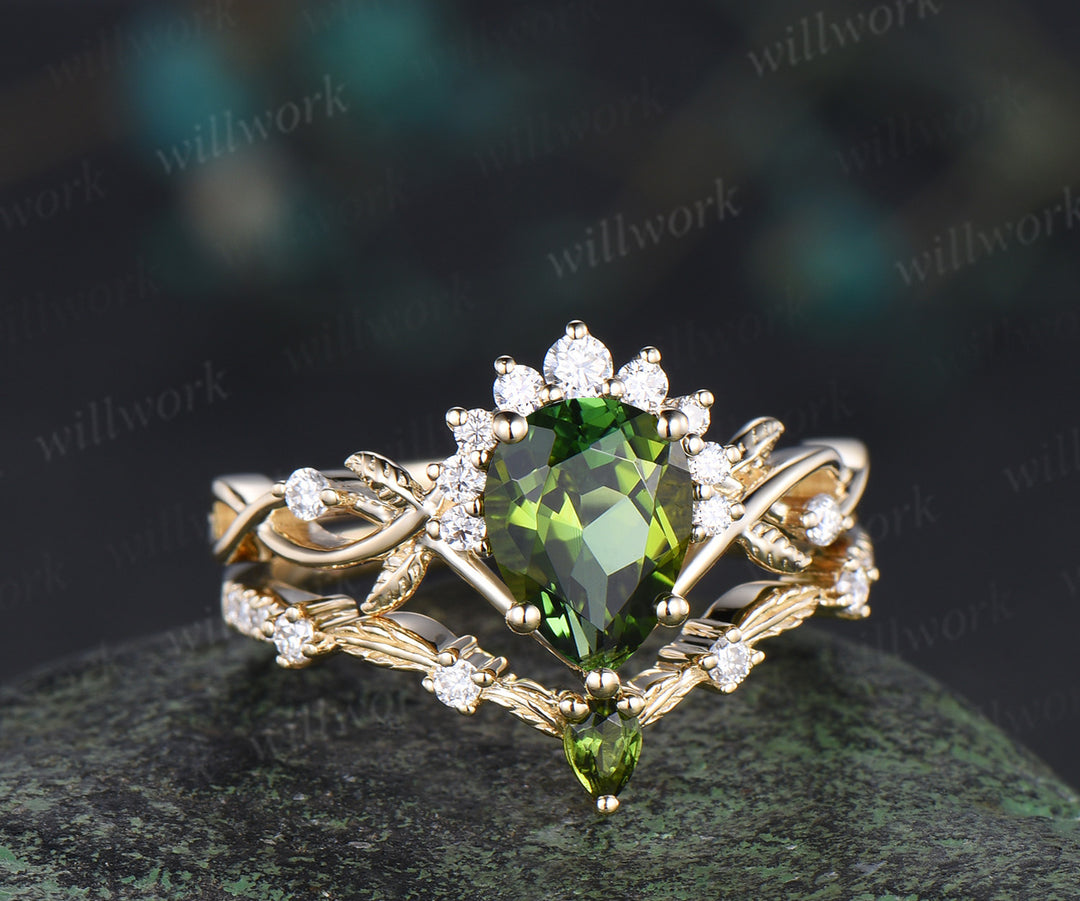 Pear shaped natural green tourmaline engagemet ring set art deco diamond leaf twig split shank ring yellow gold band unique bridal set