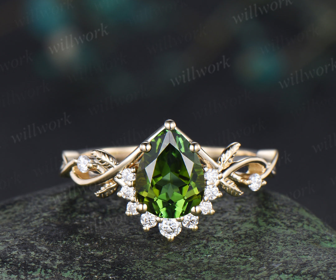 Pear shaped natural green tourmaline engagemet ring set art deco diamond leaf twig split shank ring yellow gold band unique bridal set