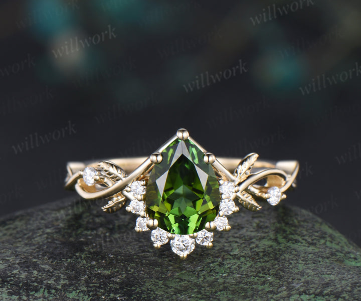 Pear shaped natural green tourmaline engagemet ring set art deco diamond leaf twig split shank ring yellow gold band unique bridal set