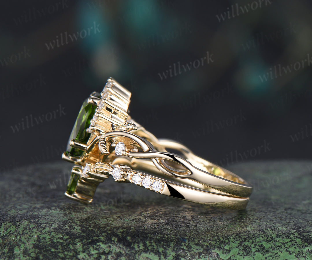 Pear shaped natural green tourmaline engagemet ring set art deco diamond leaf twig split shank ring yellow gold band unique bridal set