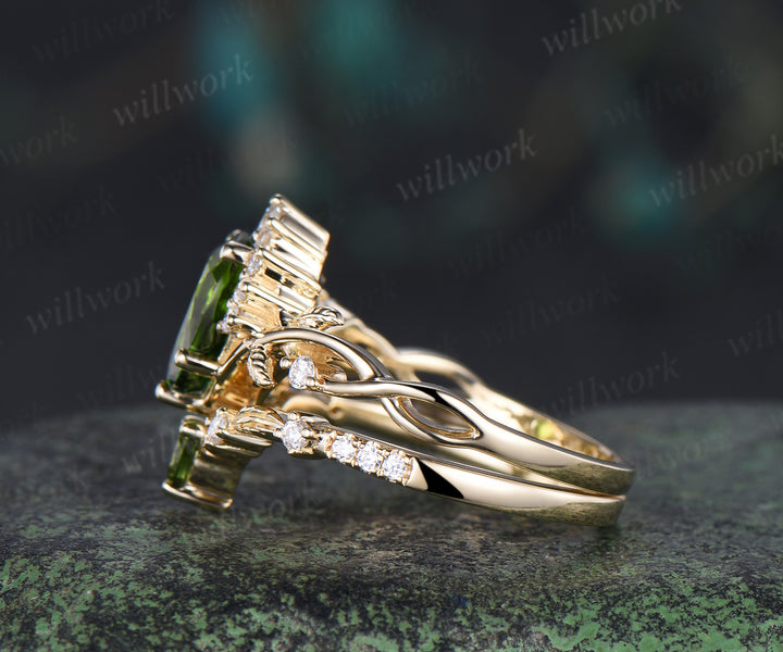 Pear shaped natural green tourmaline engagemet ring set art deco diamond leaf twig split shank ring yellow gold band unique bridal set