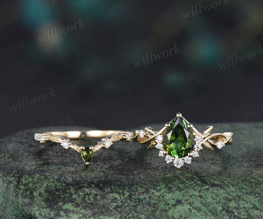 Pear shaped natural green tourmaline engagemet ring set art deco diamond leaf twig split shank ring yellow gold band unique bridal set