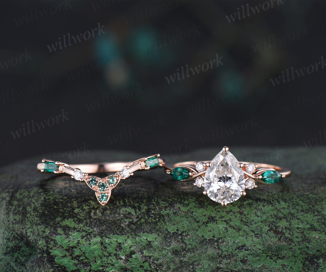 Pear lab IGI grown diamond ring set vintage seven stone ring trinity knot baguette emerald wedding Band 2pc bridal set