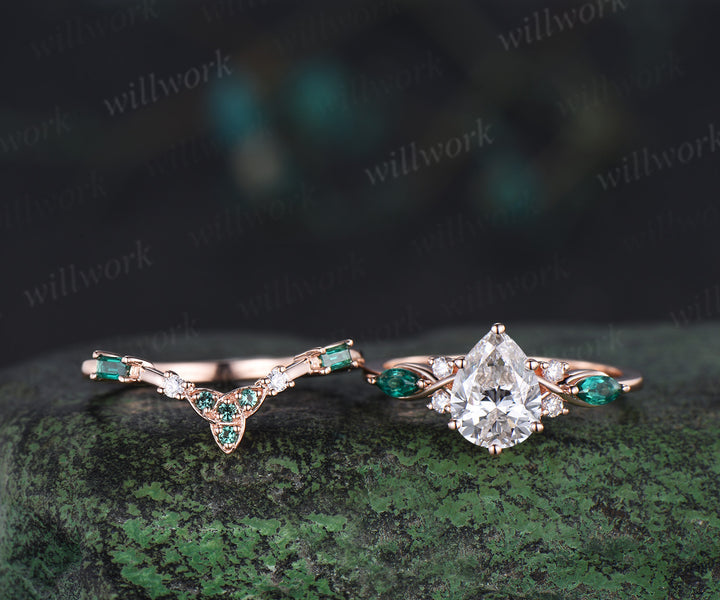 Pear lab IGI grown diamond ring set vintage seven stone ring trinity knot baguette emerald wedding Band 2pc bridal set