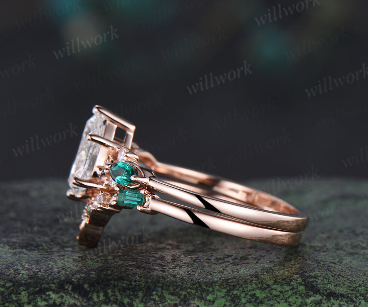 Pear lab IGI grown diamond ring set vintage seven stone ring trinity knot baguette emerald wedding Band 2pc bridal set