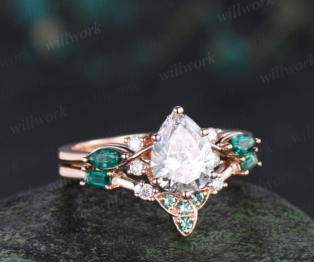 Pear lab IGI grown diamond ring set vintage seven stone ring trinity knot baguette emerald wedding Band 2pc bridal set
